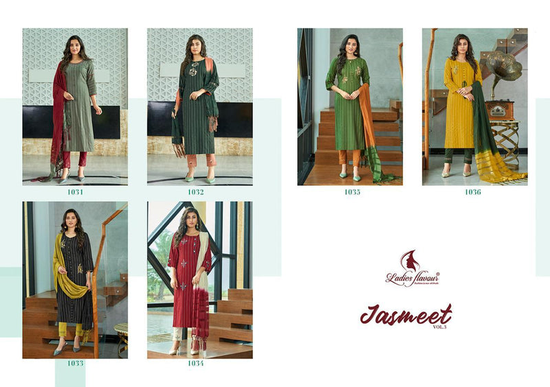Ladies Flavour Jasmeet Vol 3 Rayon Strips Fancy Kurtis With Embroidery