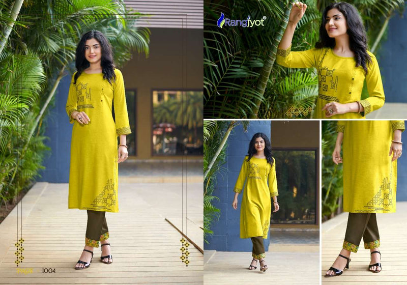 Rang Jyot Jasmin Rayon Fancy Stylish Party Wear Kurtis With Pant