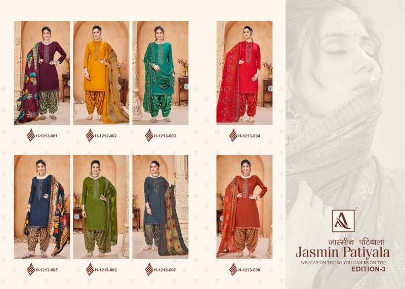 Alok Suits Jasmin Patiyala Edition Vol 3 Pure Jam Cotton Dyed Embroidery Swarovski Diamond Work Designer Partywear Salwar Suits