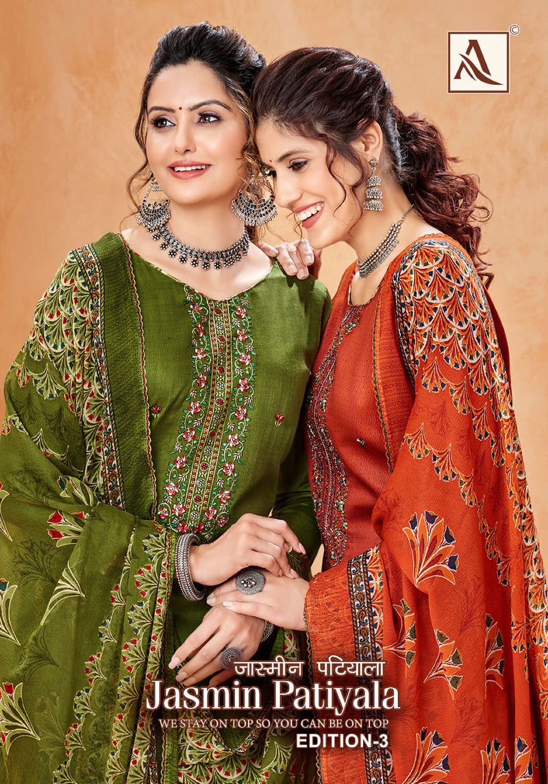 Alok Suits Jasmin Patiyala Edition Vol 3 Pure Jam Cotton Dyed Embroidery Swarovski Diamond Work Designer Partywear Salwar Suits