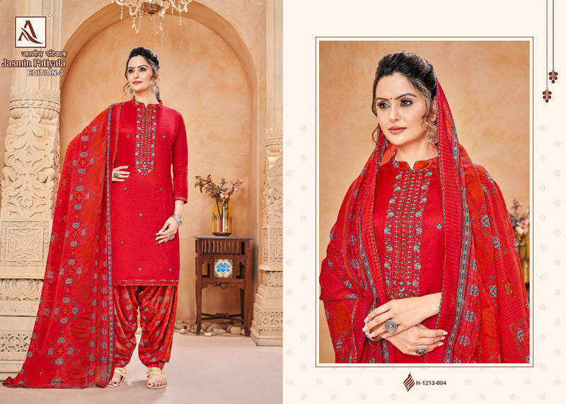 Alok Suits Jasmin Patiyala Edition Vol 3 Pure Jam Cotton Dyed Embroidery Swarovski Diamond Work Designer Partywear Salwar Suits