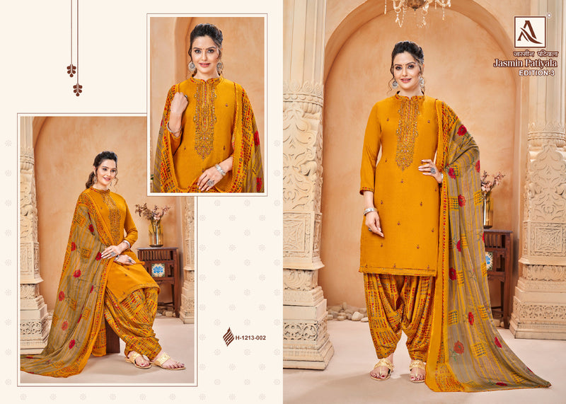 Alok Suits Jasmin Patiyala Edition Vol 3 Pure Jam Cotton Dyed Embroidery Swarovski Diamond Work Designer Partywear Salwar Suits