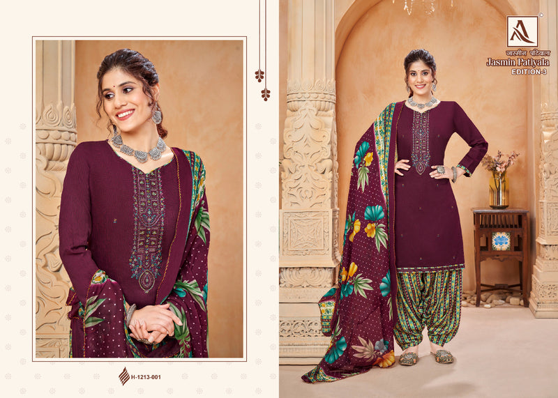 Alok Suits Jasmin Patiyala Edition Vol 3 Pure Jam Cotton Dyed Embroidery Swarovski Diamond Work Designer Partywear Salwar Suits