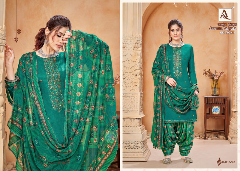 Alok Suits Jasmin Patiyala Edition Vol 3 Pure Jam Cotton Dyed Embroidery Swarovski Diamond Work Designer Partywear Salwar Suits