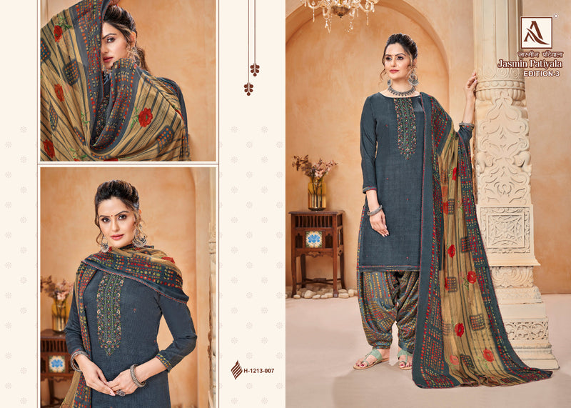 Alok Suits Jasmin Patiyala Edition Vol 3 Pure Jam Cotton Dyed Embroidery Swarovski Diamond Work Designer Partywear Salwar Suits