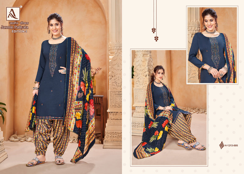 Alok Suits Jasmin Patiyala Edition Vol 3 Pure Jam Cotton Dyed Embroidery Swarovski Diamond Work Designer Partywear Salwar Suits