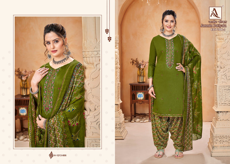 Alok Suits Jasmin Patiyala Edition Vol 3 Pure Jam Cotton Dyed Embroidery Swarovski Diamond Work Designer Partywear Salwar Suits