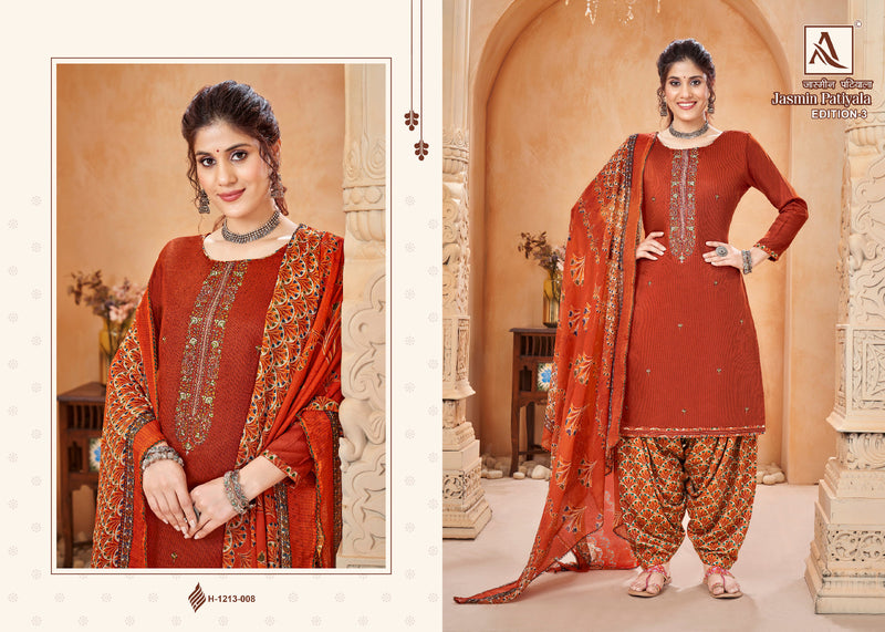 Alok Suits Jasmin Patiyala Edition Vol 3 Pure Jam Cotton Dyed Embroidery Swarovski Diamond Work Designer Partywear Salwar Suits