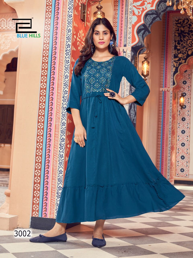 Blue Hills Jasmine Vol 3 Rayon With Heavy Embroidery Work Stylish Designer Casual Wear Long Gown