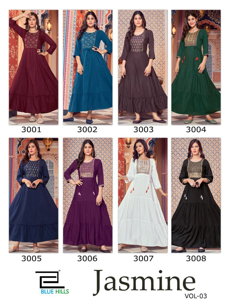 Blue Hills Jasmine Vol 3 Rayon With Heavy Embroidery Work Stylish Designer Casual Wear Long Gown