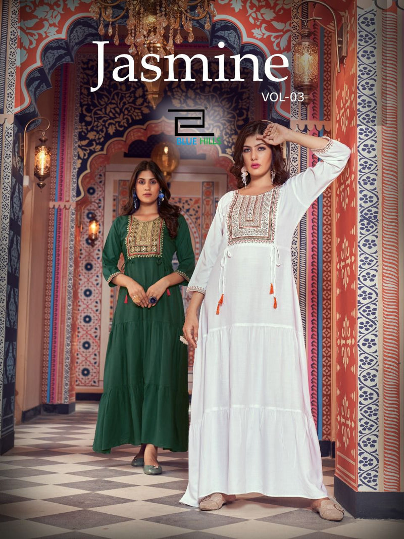 Blue Hills Jasmine Vol 3 Rayon With Heavy Embroidery Work Stylish Designer Casual Wear Long Gown