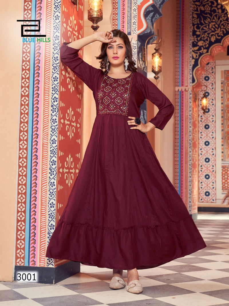 Blue Hills Jasmine Vol 3 Rayon With Heavy Embroidery Work Stylish Designer Casual Wear Long Gown