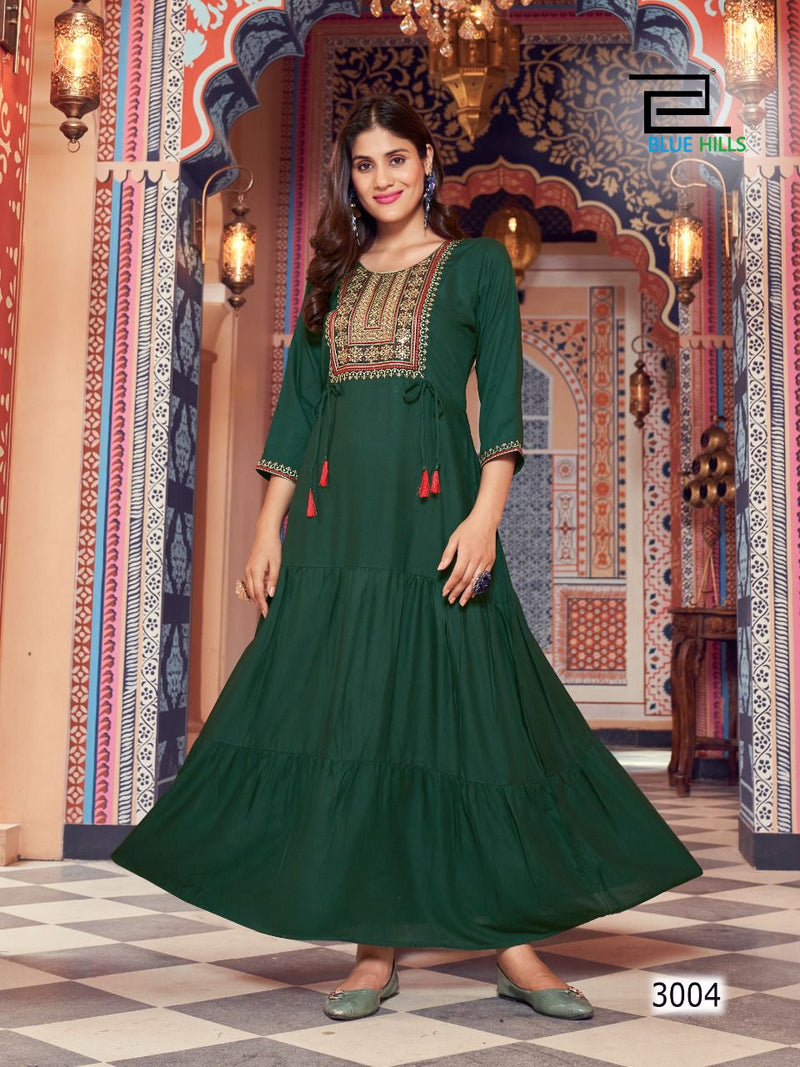 Blue Hills Jasmine Vol 3 Rayon With Heavy Embroidery Work Stylish Designer Casual Wear Long Gown