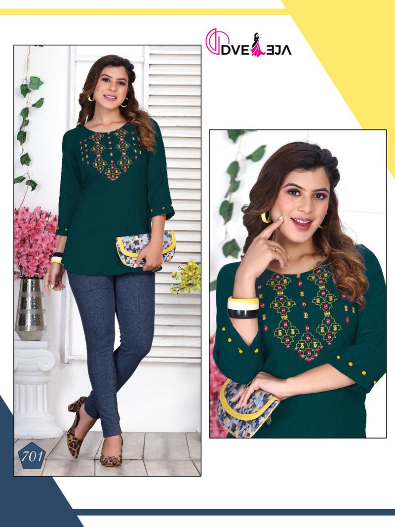 Dveeja Jennifer Rayon Fancy Casual Wear Top Style Short Kurtis