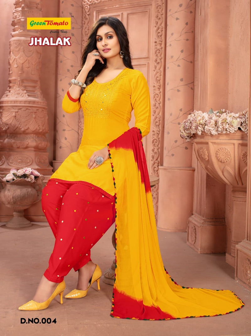 Green Tomato Jhalak Rayon Patiyala Style Ready Made Festive Wear Salwar Suits