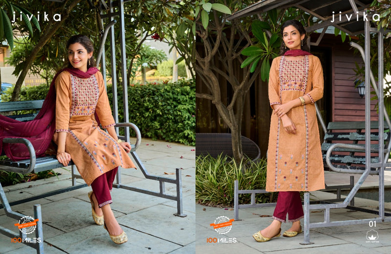 100 Miles Jivika Pure Cotton With Heavy Embroidery Work Stylish Designer Party Wear Kurti