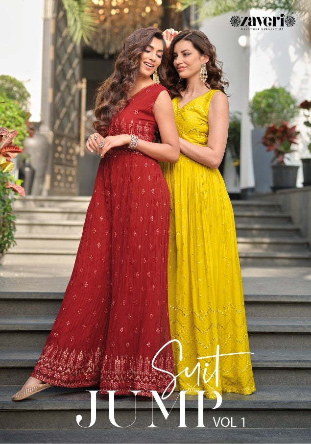 Zaveri Jumpsuit Vol 1 Chinon Beautiful Attractive Look With Embroidery Work Stylish Designer Long Kurti