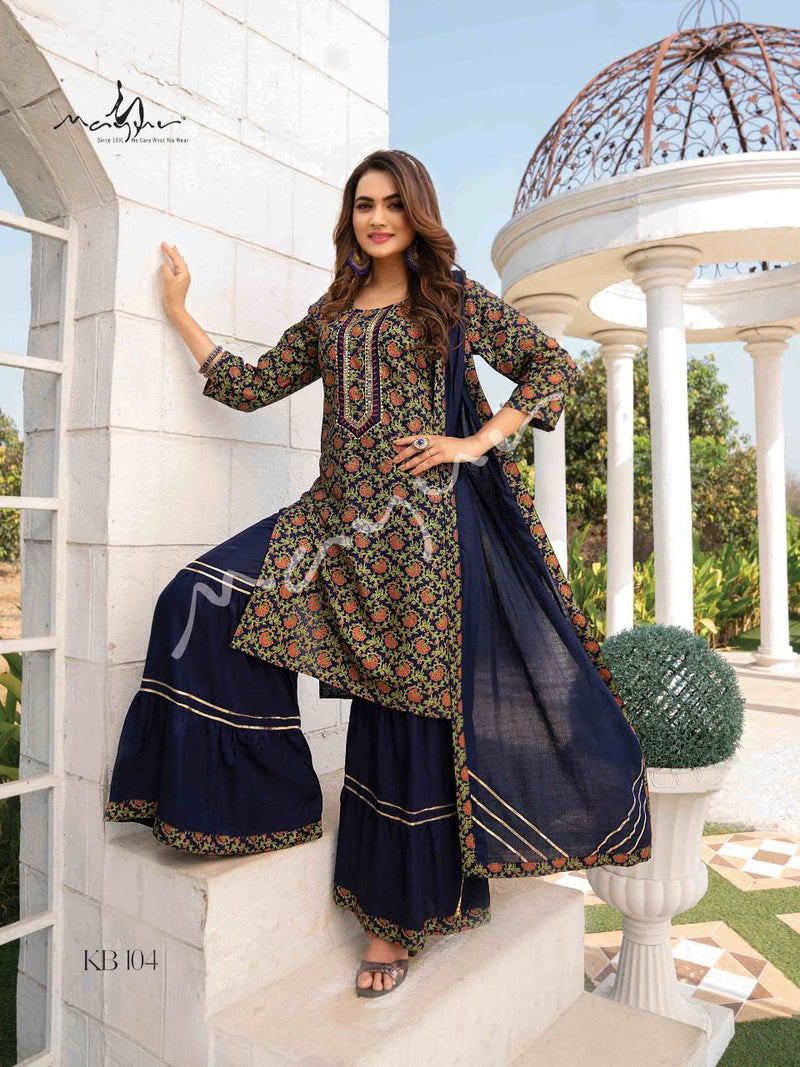 Mayur Kacha Badam Rayon Fancy Printed Party Wear Kurtis With Sharara Bottom & Dupatta