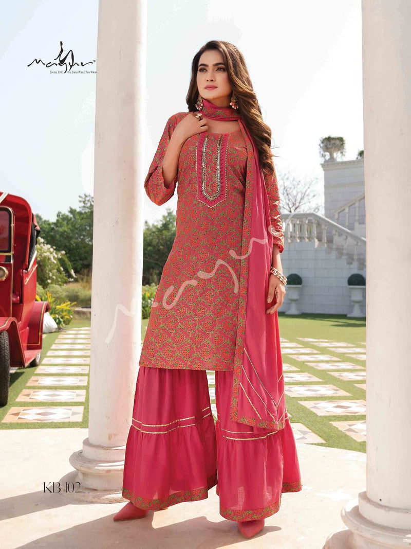 Mayur Kacha Badam Rayon Fancy Printed Party Wear Kurtis With Sharara Bottom & Dupatta