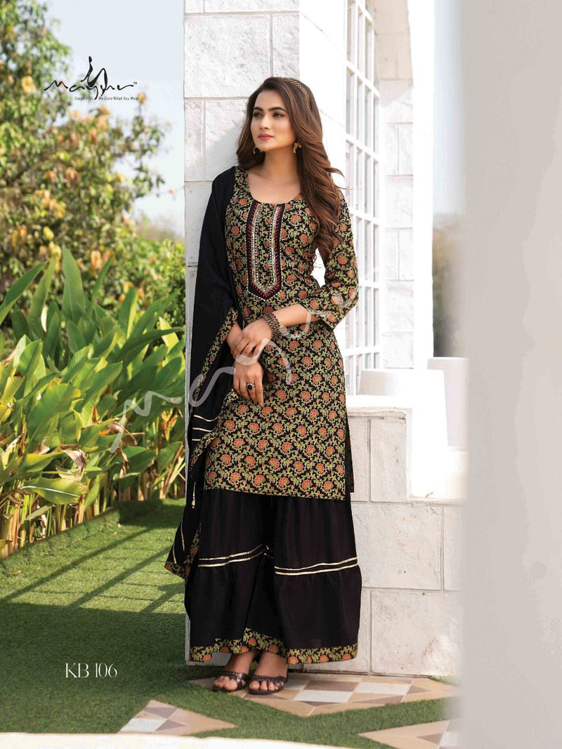 Mayur Kacha Badam Rayon Fancy Printed Party Wear Kurtis With Sharara Bottom & Dupatta