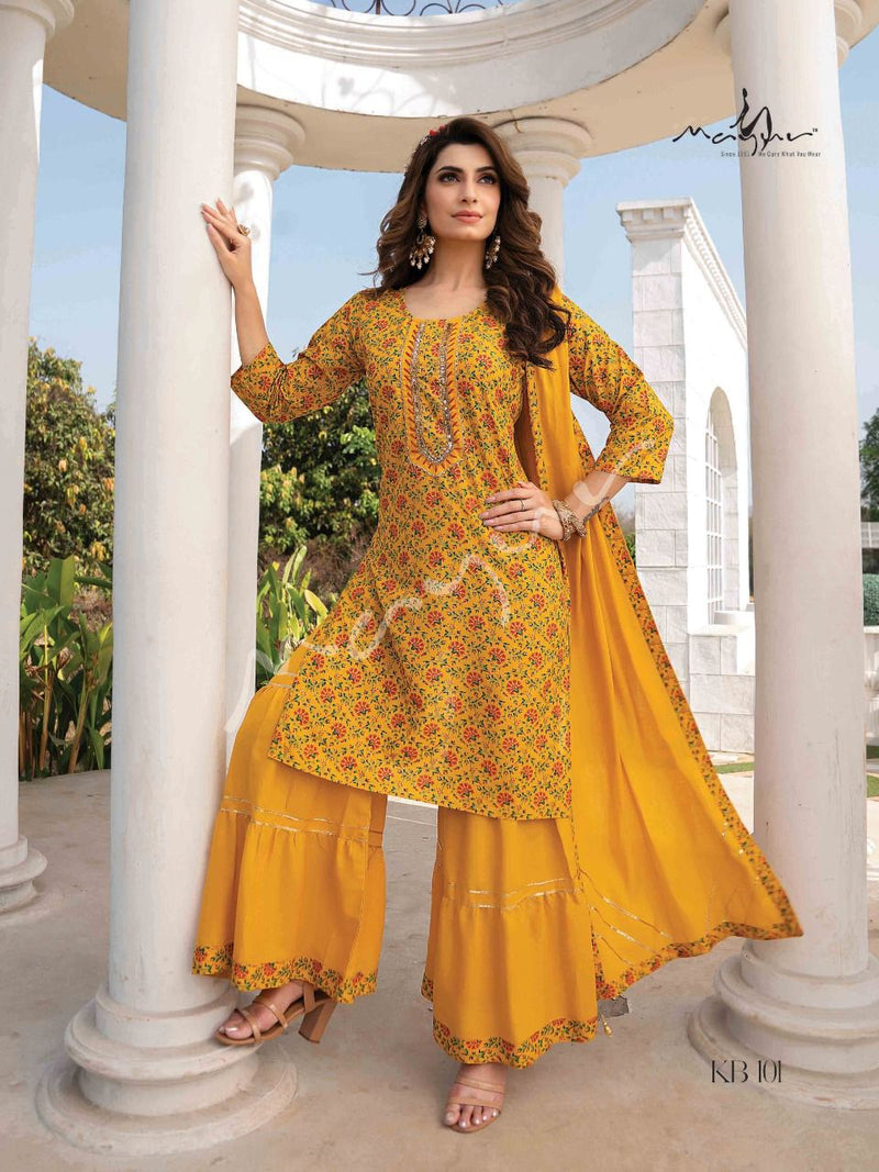 Mayur Kacha Badam Rayon Fancy Printed Party Wear Kurtis With Sharara Bottom & Dupatta