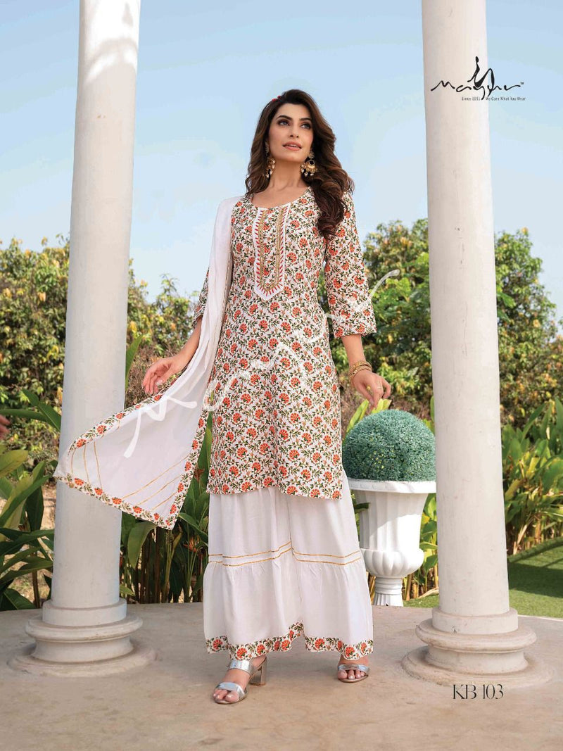 Mayur Kacha Badam Rayon Fancy Printed Party Wear Kurtis With Sharara Bottom & Dupatta