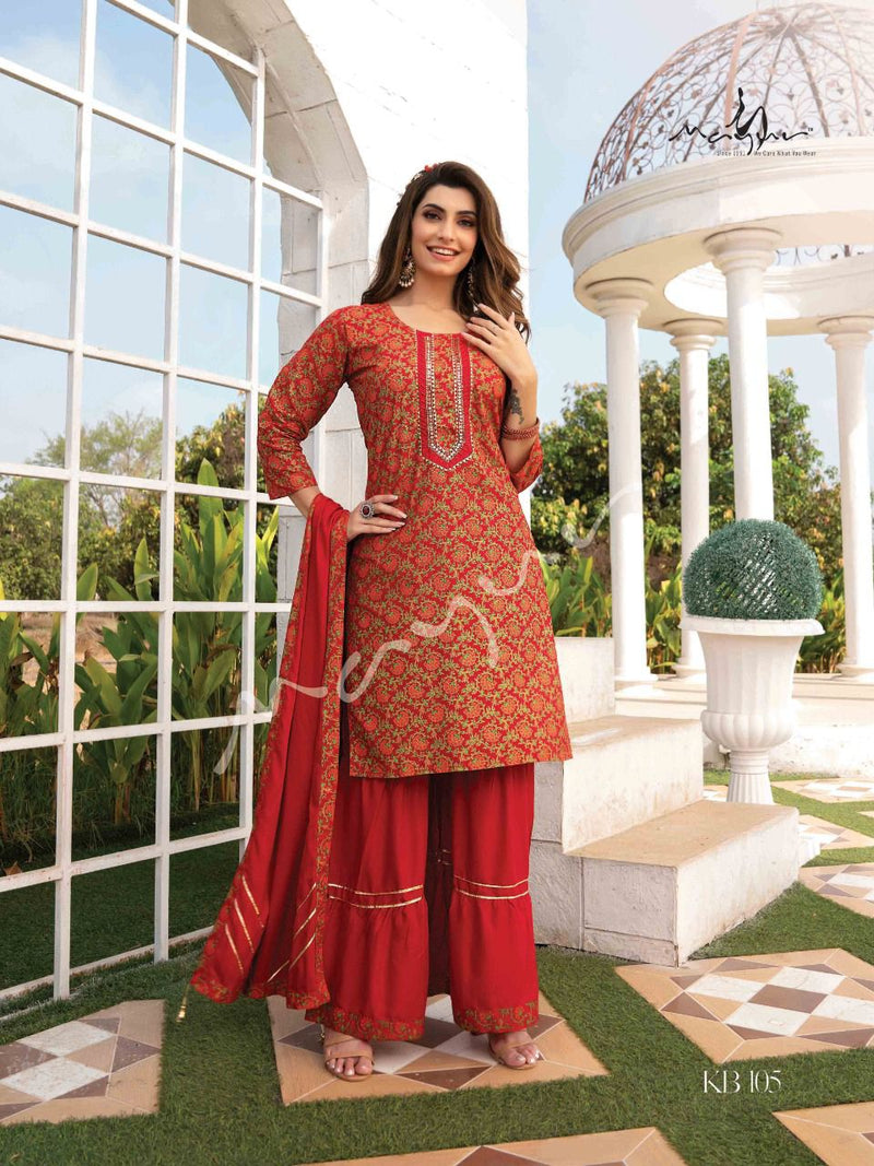Mayur Kacha Badam Rayon Fancy Printed Party Wear Kurtis With Sharara Bottom & Dupatta