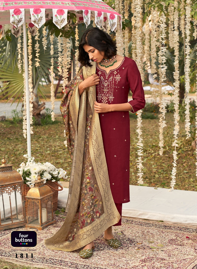 Four Buttons Kalamkari Viscose Silk Designer Heavy Party Wear Kurtis With Dupatta & Bottom