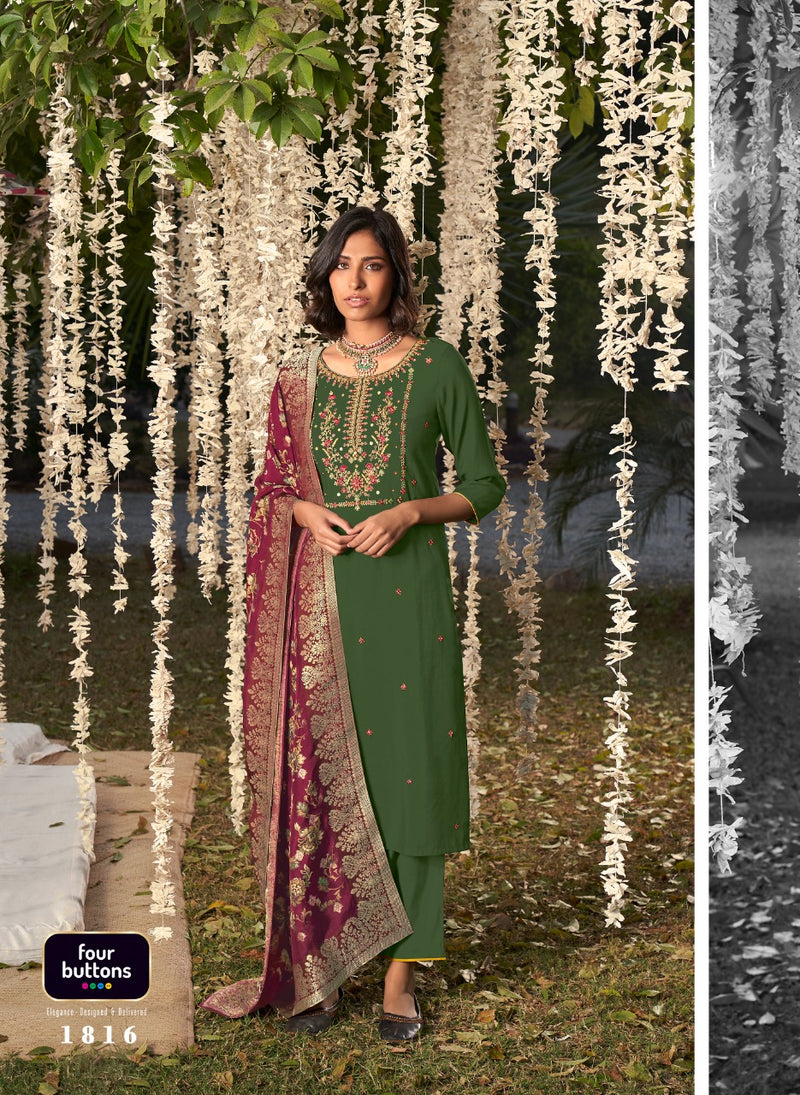 Four Buttons Kalamkari Viscose Silk Designer Heavy Party Wear Kurtis With Dupatta & Bottom