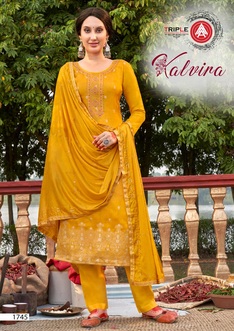 Triple Kalvira Jacquard With Heavy Beautiful Work Stylish Designer Festive Wear Salwar Kameez