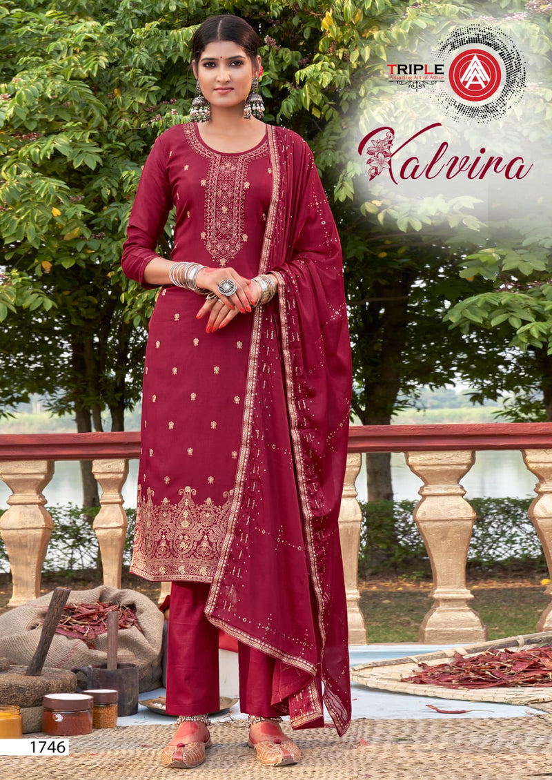 Triple Kalvira Jacquard With Heavy Beautiful Work Stylish Designer Festive Wear Salwar Kameez