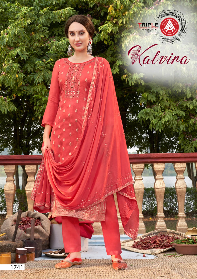 Triple Kalvira Jacquard With Heavy Beautiful Work Stylish Designer Festive Wear Salwar Kameez