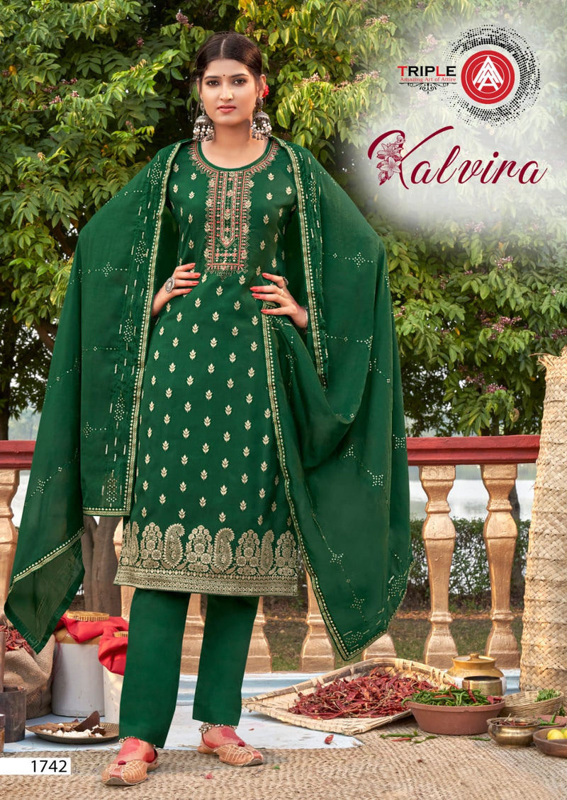 Triple Kalvira Jacquard With Heavy Beautiful Work Stylish Designer Festive Wear Salwar Kameez