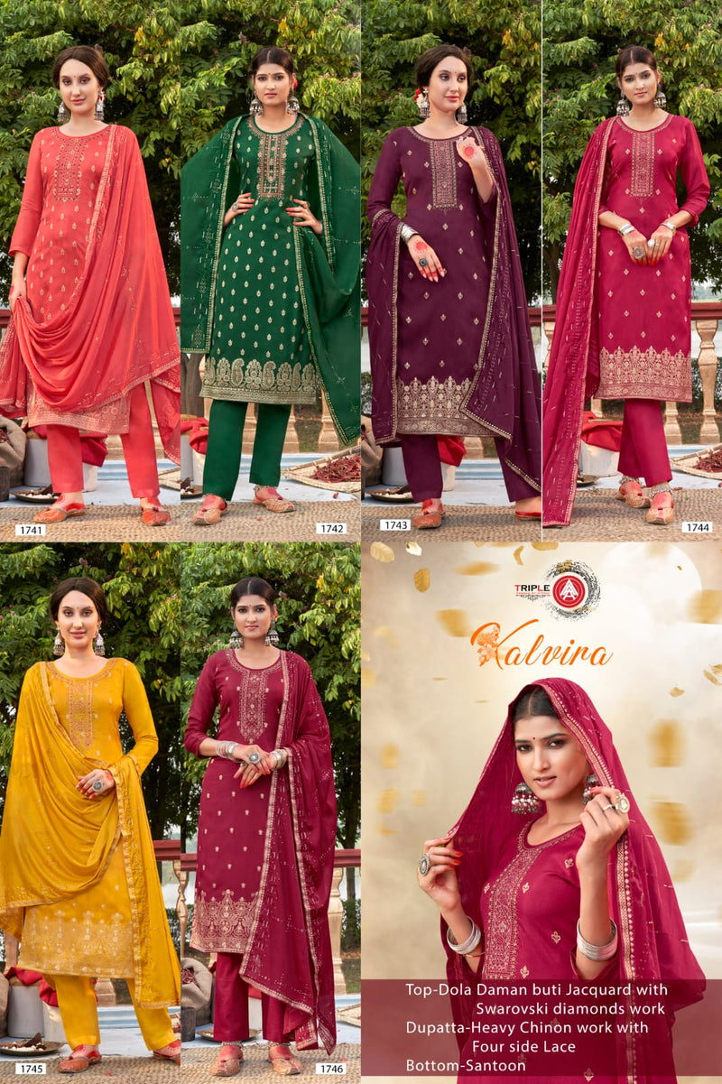 Triple Kalvira Jacquard With Heavy Beautiful Work Stylish Designer Festive Wear Salwar Kameez