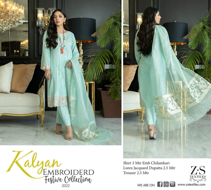 ZS Textile Kalyan Embroidered Festive Collection Chicken Fabric Pakistani Style Party Wear Salwar Suits