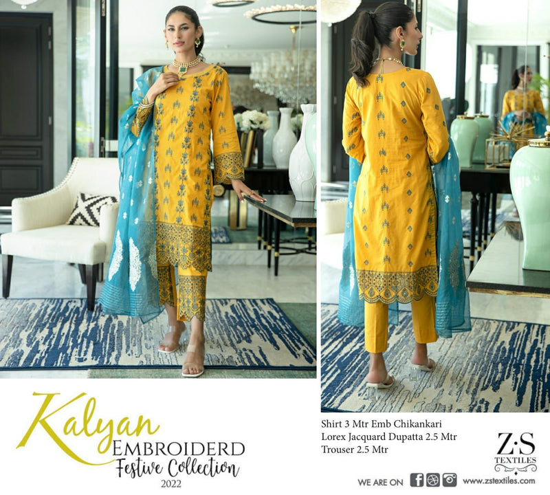 ZS Textile Kalyan Embroidered Festive Collection Chicken Fabric Pakistani Style Party Wear Salwar Suits