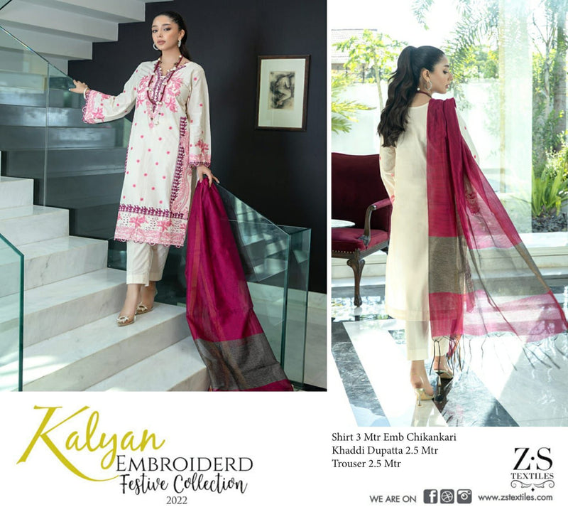 ZS Textile Kalyan Embroidered Festive Collection Chicken Fabric Pakistani Style Party Wear Salwar Suits