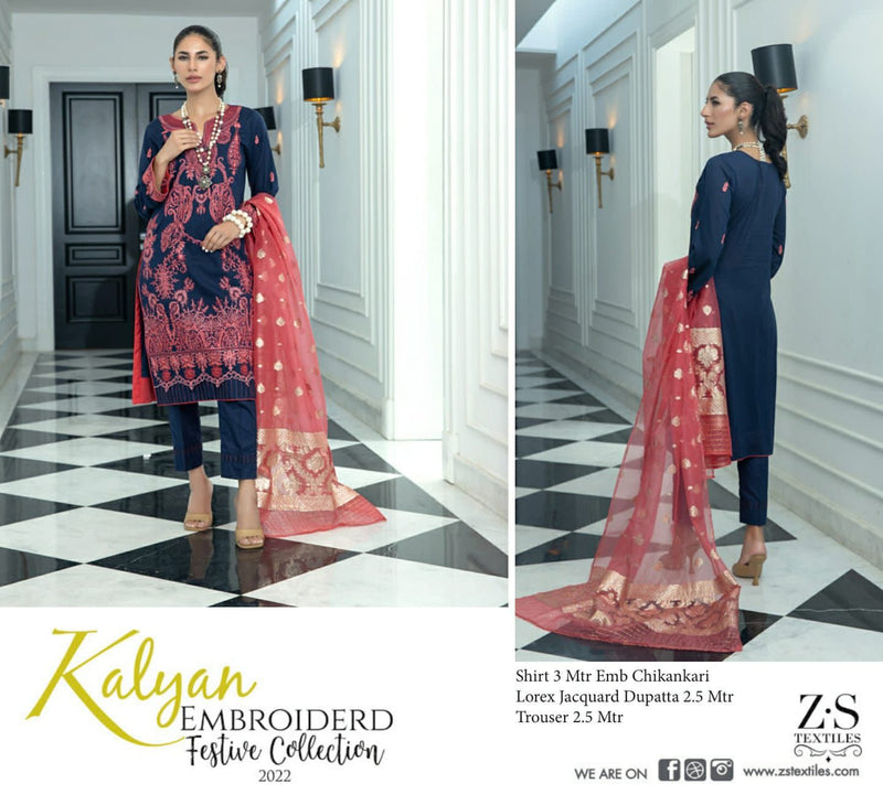 ZS Textile Kalyan Embroidered Festive Collection Chicken Fabric Pakistani Style Party Wear Salwar Suits