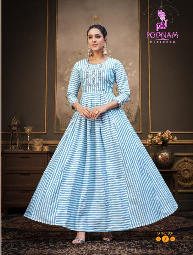 Poonam Designer Kasata Cotton Long Fancy  Gown Type Festive Wear Kurtis