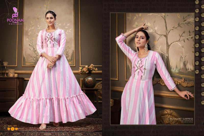 Poonam Designer Kasata Cotton Long Fancy  Gown Type Festive Wear Kurtis