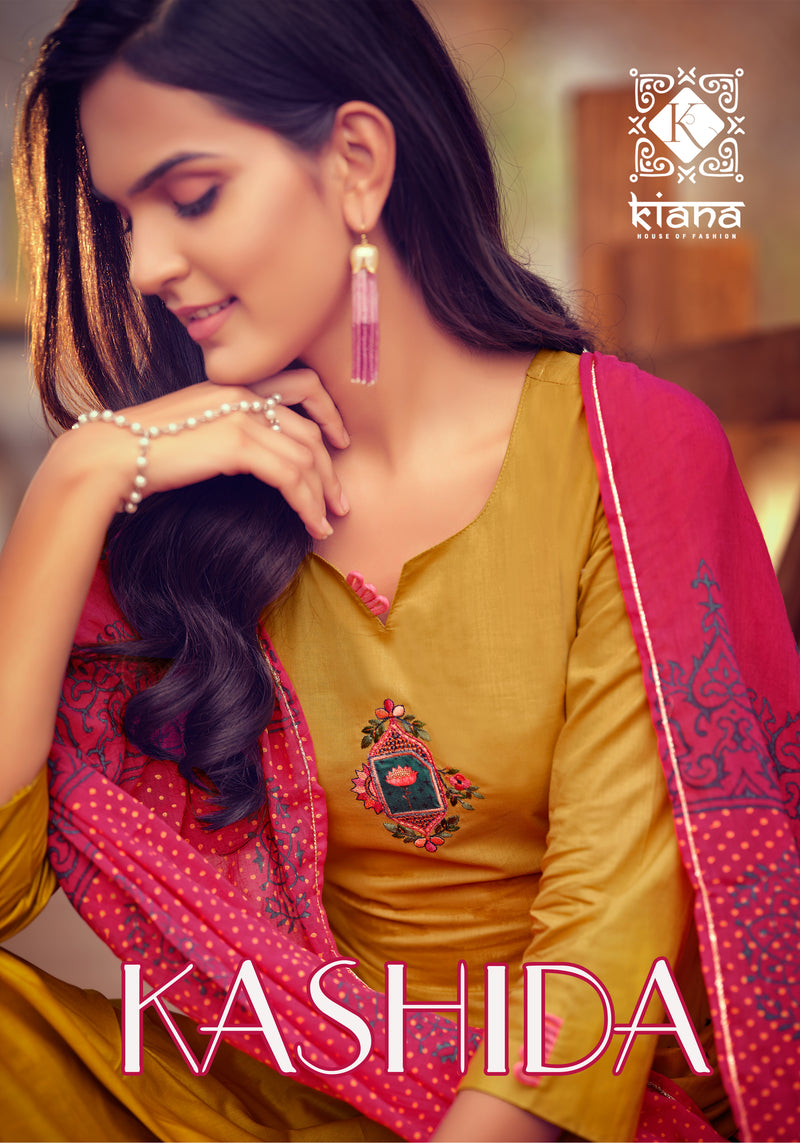 Kiana House Of Fashion Kashida Cotton Embroidered Party Wear Kurtis With Bottom & Dupatta