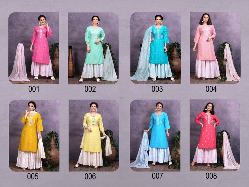 Master Kashish Rayon Printed Designer Festive Wear Kurtis With Sharara Bottom & Dupatta