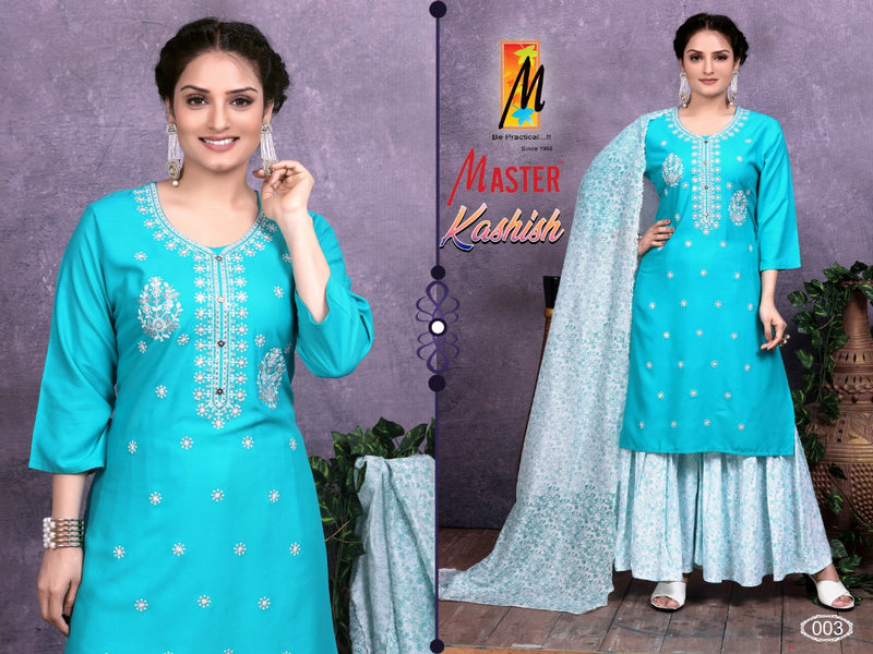 Master Kashish Rayon Printed Designer Festive Wear Kurtis With Sharara Bottom & Dupatta
