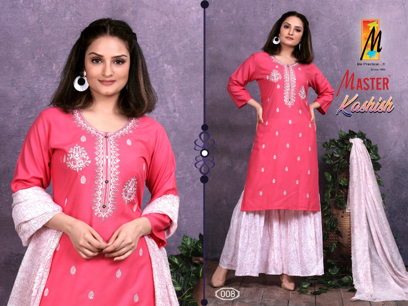 Master Kashish Rayon Printed Designer Festive Wear Kurtis With Sharara Bottom & Dupatta