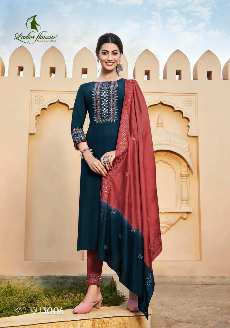Ladies Flavour Kashish Vol 3 Rayon Embroidered Designer Party Wear Kurtis With Bottom & Dupatta