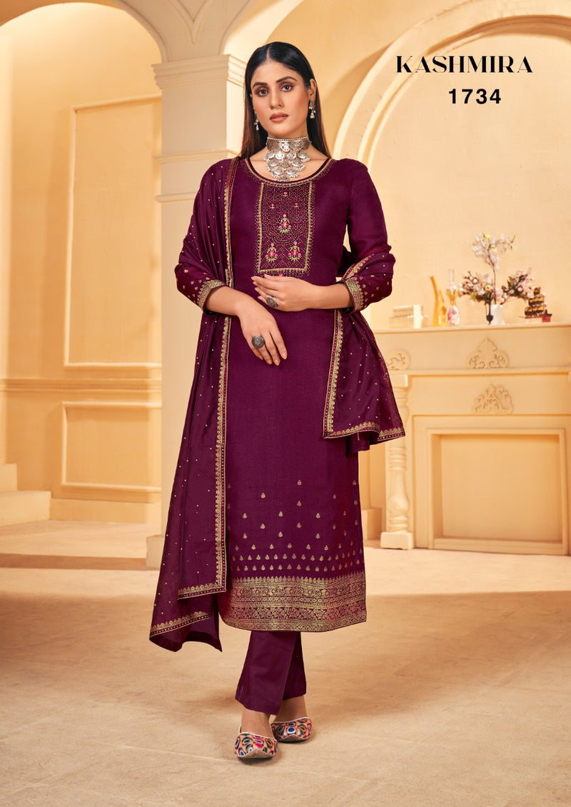 Triple Kashmira Dola Jacquard With Beautiful Work Stylish Designer Festive Wear Salwar Kameez