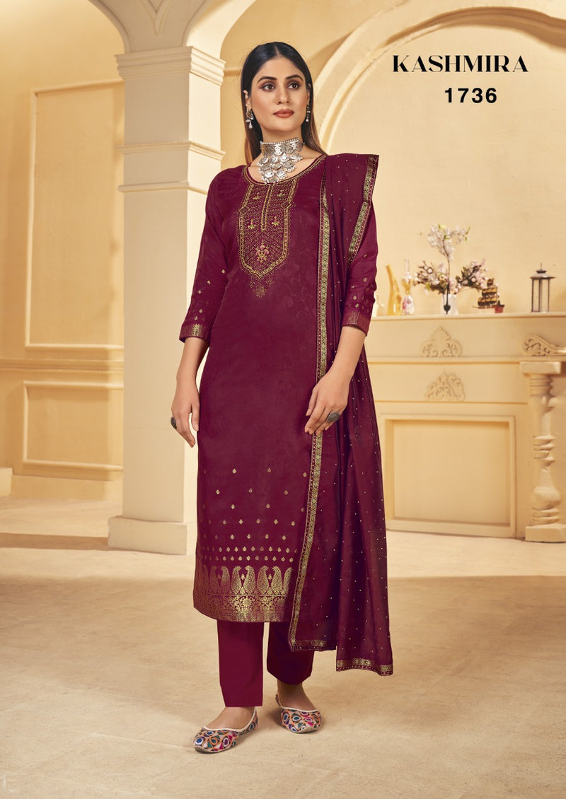 Triple Kashmira Dola Jacquard With Beautiful Work Stylish Designer Festive Wear Salwar Kameez