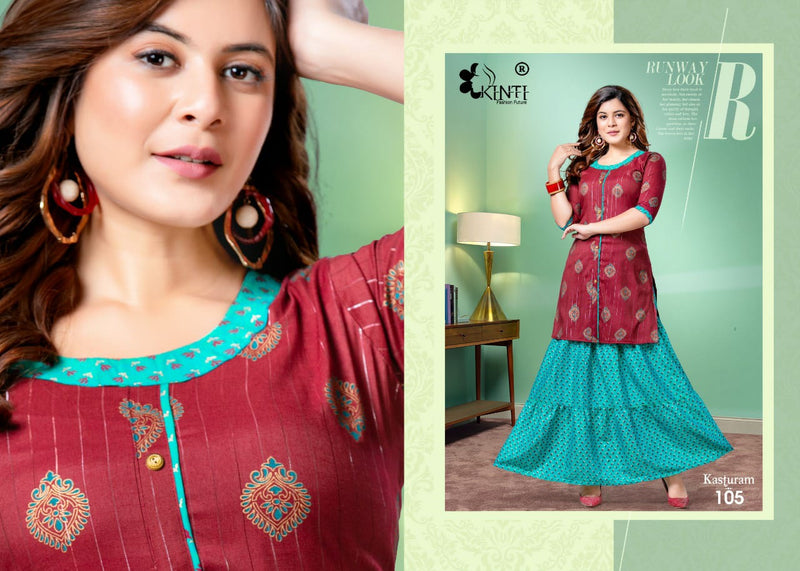 Kinti Kasturam Rayon With Fancy Prints Designer Party Wear Kurtis With Skirt