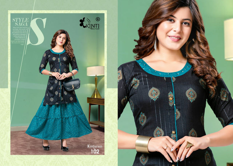 Kinti Kasturam Rayon With Fancy Prints Designer Party Wear Kurtis With Skirt