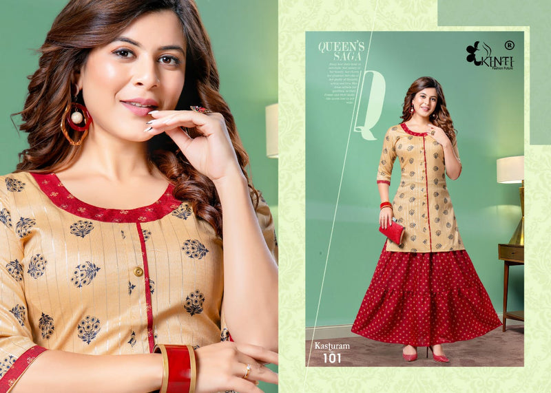 Kinti Kasturam Rayon With Fancy Prints Designer Party Wear Kurtis With Skirt